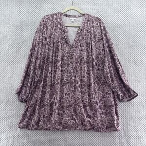 J Jill Top Womens Plus 2X Purple Floral Popover Blouse V-neck 3/4 Sleeve Boho